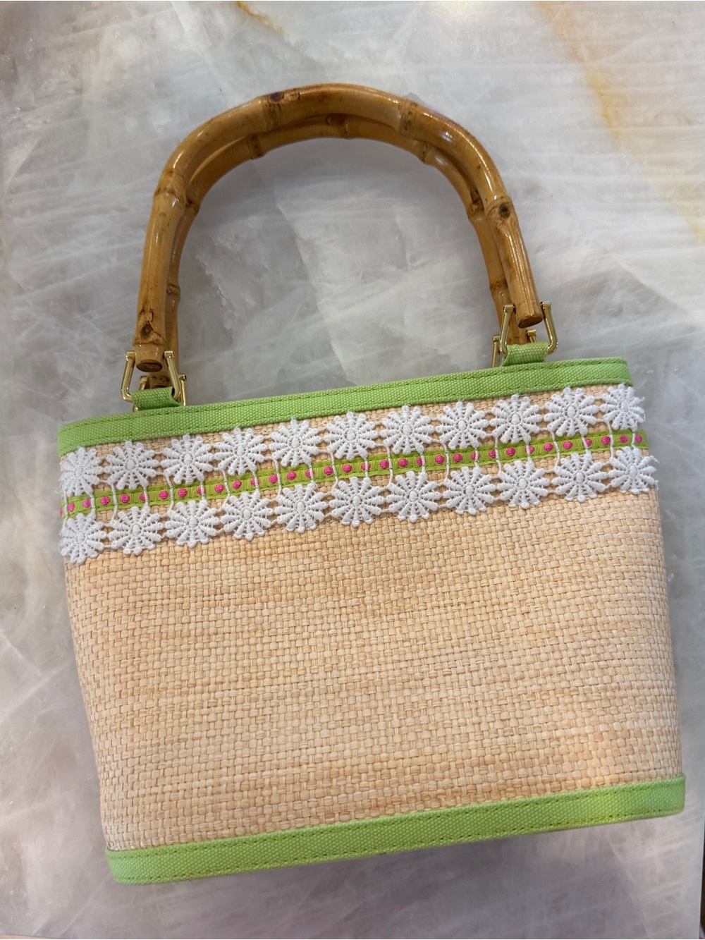 Lilly Pulitzer Straw Tote Bag with Bamboo Handles - Green Trim